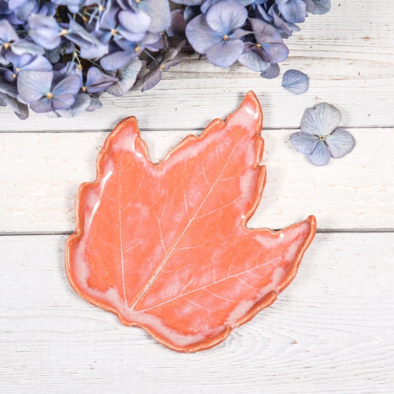 Spoon Rest, Peach Pink Leaf Dish, Tea Bag Rest, Handmade Pottery