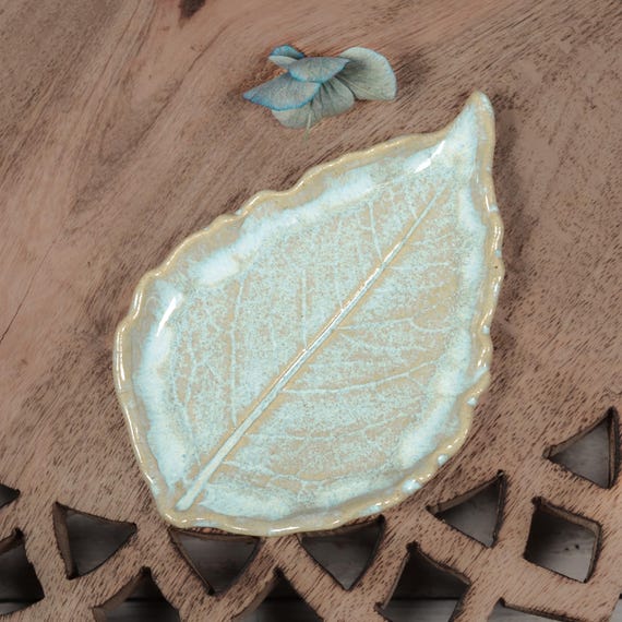 Ice Blue Spoon Rest, Dahlia Leaf, Tea Bag Rest, Coffee Bar Accessory, Handmade Pottery