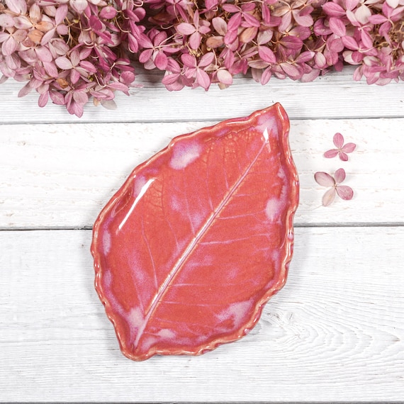 Pink Ceramic Leaf Dish: Handmade Pottery Spoon Rest, Tea Bag Rest, Bright Colorful Pottery