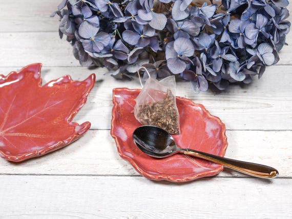 Pink Ceramic Leaf Dish: Handmade Pottery Spoon Rest, Tea Bag Rest, Bright Colorful Pottery