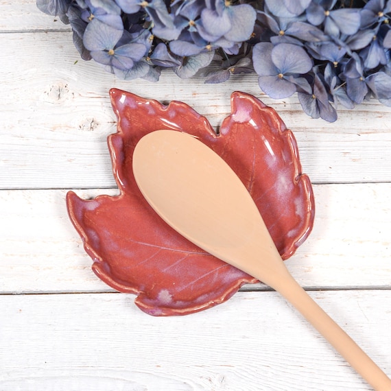 Pink Kitchen Spoon Rest, Tea Bag Rest, Jewelry Dish, Maple Leaf, Melody MudWorks Handmade Pottery