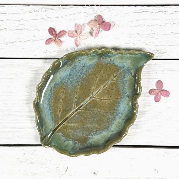 Leaf Spoon Rest for Coffee Bar or Countertop, Tea Bag Holder, Green Pottery Dish