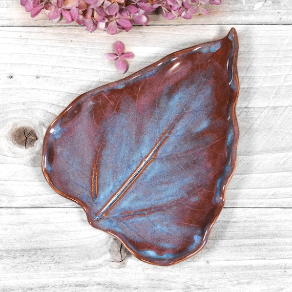 Large Plum Purple Leaf Spoon Rest, Sunflower Leaf Dish, Plate, Handmade Pottery Art