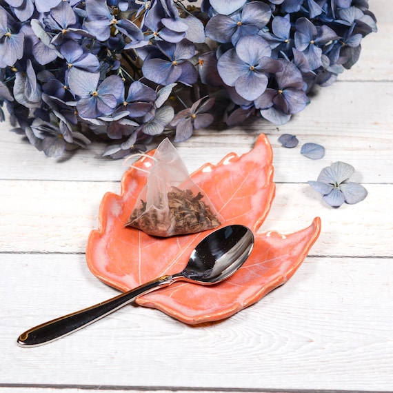 Spoon Rest, Peach Pink Leaf Dish, Tea Bag Rest, Handmade Pottery