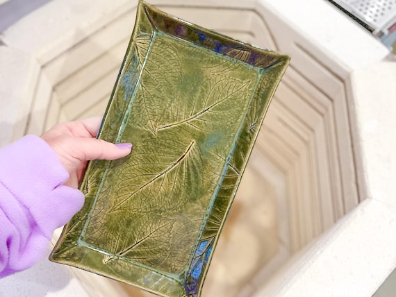 Handmade Green Serving Tray, Cheese Platter, Vanity Tray, Fruit Dish