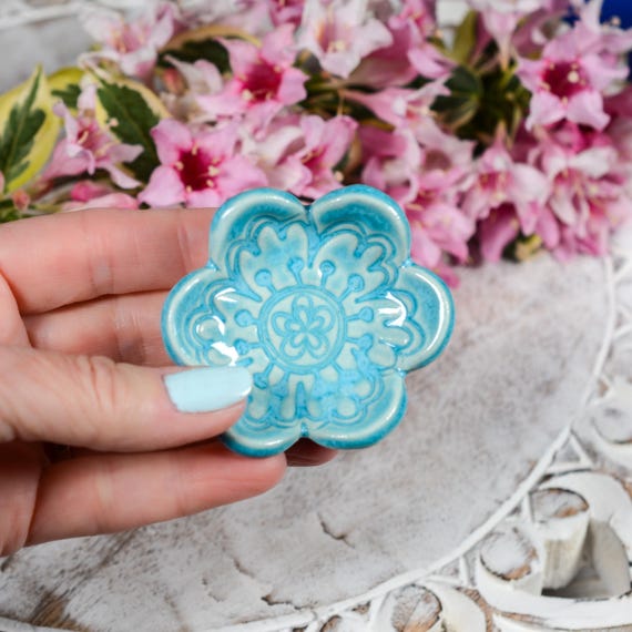 Mini Flower Spoon Rest, Ring or Pill Dish, Aqua Blue Tiny Bowl, Melody MudWorks