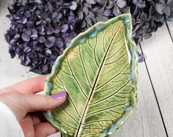 Large Dahlia Leaf Spoon Rest, Snack Appetizer Plate, Ceramic Dish, Green, Aqua-Blue, Handmade Pottery