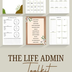 May include: A collection of printable planner pages, including a 30-day cleaning challenge, grocery lists, and meal plans. The Life Admin Toolkit title is displayed with floral accents and the @digitaldazzleworks watermark.