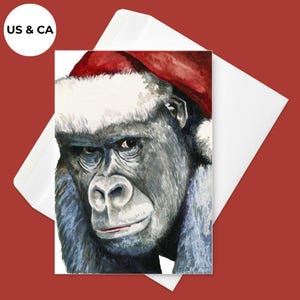 Santa Gorilla | Pack of 10  Christmas Cards | Holiday Greeting Cards | Watercolor Gorilla Illustration | Animal Themed Christmas Cards