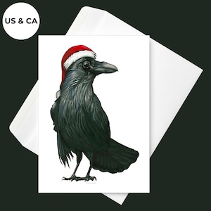 Santa Crow | Conjunto de 10 cartões de Natal | Cartões de Natal desenhados à mão | Cartões de animais | Cartões de Natal de pássaros | Cartões de animais caprichosos