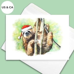 Santa Sloth Holiday Cards | Set of 10 | Whimsical Cards | Festive Sloth Cards For Christmas | Hand-Drawn Illustration | Christmas Cards Pack