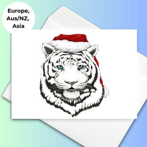 Weihnachtsmann Tiger Karten | Packung mit 10 Weihnachtskarten | Weihnachtskarten mit Sibirischem Tiger | Handgezeichnete Illustration | Einzigartige festliche Karten