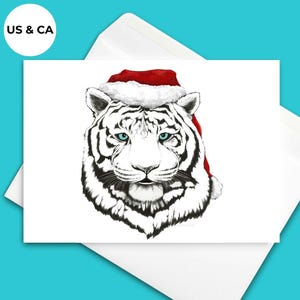 Tarjetas de tigre de Papá Noel / Paquete de 10 tarjetas navideñas / Tarjetas de felicitación navideñas con tigre siberiano / Ilustración dibujada a mano / Tarjetas festivas únicas