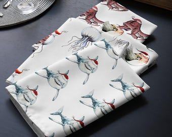 Ensemble de 4 serviettes de table Noël océan | Décoration de table côtière des Fêtes | Serviettes en tissu | Requin Poulpe Méduse Nautilus | Serviettes de table Sea Life