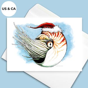 Santa Nautilus Christmas Cards | Set of 10 | Hand-Drawn Holiday Greeting Cards With Ocean Animal | Cephalopod Illustration On Card
