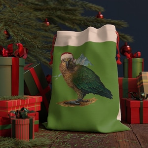 Santa Parrot Gift Bag | Green Drawstring Bag With Whimsical Parrot Illustration | Bag for Christmas Gifts | Festive Sac | Kea Parrot Art