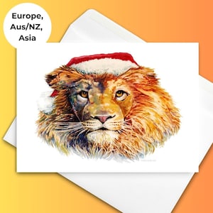 Santa Lion Holiday Cards | Set of 10 Jungle King Cards | Hand-Drawn Christmas Art | Whimsical Animal Christmas Cards