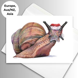 Kartki świąteczne ze ślimakiem Mikołajem | Zestaw 10 | Fantazyjna grafika ślimaka | Ilustracja rysowana ręcznie | Kartki świąteczne ze ślimakiem | Kartki świąteczne ze zwierzętami
