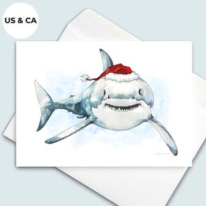 Tarjetas navideñas de tiburón de Papá Noel / Juego de 10 / Tarjetas con ilustraciones de tiburones dibujadas a mano / Tarjetas de criaturas del océano / Arte del gran tiburón blanco