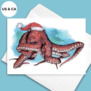Cartões de Natal do Polvo do Papai Noel | Conjunto de 10 Cartões Desenhados à Mão | Cartões de Natal | Arte Oceânica Caprichosa | Cartões de Natal Exclusivos