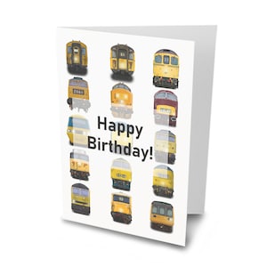 Tarjeta de cumpleaños para entusiastas de los trenes y los ferrocarriles. Varias locomotoras
