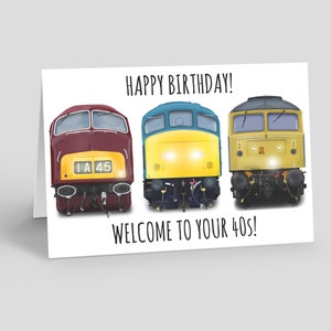 Biglietto di auguri di compleanno per appassionati di treni e ferrovie, divertente per il 40° compleanno, con pennello da nave da guerra anni '40