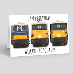 Tarjeta de cumpleaños para entusiastas del ferrocarril del tren, divertida clase de 70 cumpleaños, 73 Elecro Diesel