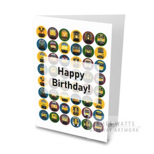 Tarjeta de cumpleaños para entusiastas de los trenes y los ferrocarriles. Varias locomotoras