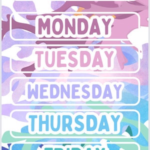 Puede incluir: Un gráfico colorido con los días de la semana escritos en texto blanco sobre fondos coloridos. Los días de la semana son lunes, martes, miércoles, jueves y viernes.