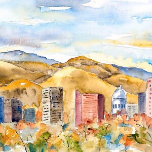 Downtown Boise, Idaho Autumn Skyline Watercolor Print