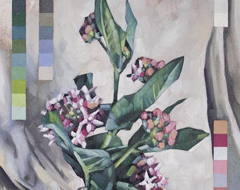 Original Oil Painting Flowers, Fine Art Painting of Milkweed Still Life, Modern Contemporary Botanical Art - "Milkweed in 32 Colors"