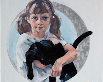 Oil Painting Portrait with Black Cat and Crescent Moon, Original Portrait Art, Child Portrait Painting - "Head 2/100"