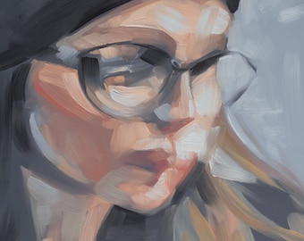 Original Oil Painting, Portrait Painting with Glasses, Loose Painting, Contemporary Portrait - " Head 1/100"