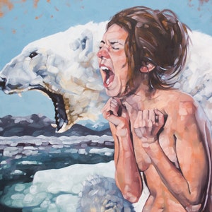 Fine Art Print, Archival Print, Giclee Print of Figurative Painting of Screaming Nude Female and Polar Bear Meltdown image 1