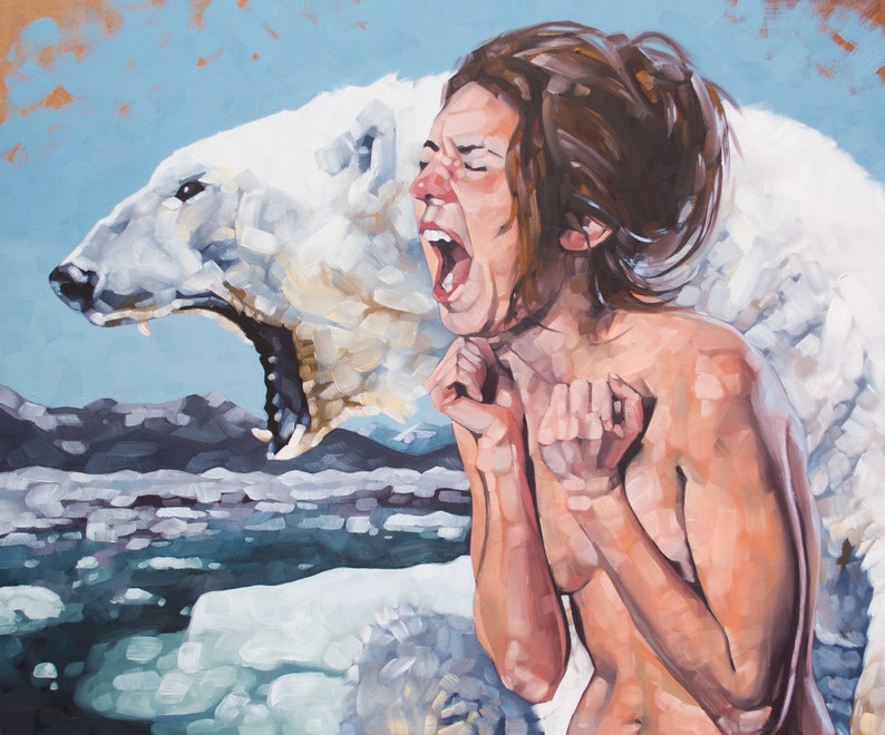 Fine Art Print, Archival Print, Giclee Print of Figurative Painting of Screaming Nude Female and Polar Bear Meltdown image 1