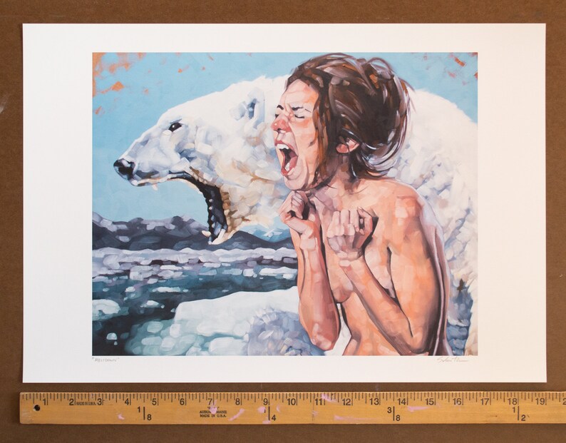 Fine Art Print, Archival Print, Giclee Print of Figurative Painting of Screaming Nude Female and Polar Bear Meltdown 11 x 14 inches