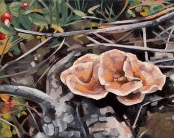 Original Oil Painting, Landscape of Wild Mushrooms on the Forest Floor, Contemporary Botanical Art - "Common Funnels"