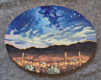 Night Sky Landscape Painting, Original Oil Painting, Starry Sky Landscape - "Starlight, Headlights"