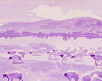 Tiny Purple Landscape Painting with Sheep, Rural Landscape Art, Gouache Painting - "Lilac Landscape with Sheep"