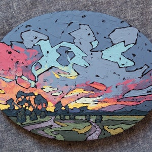 Textured Sunset Landscape Painting, Original Oval Painting, Oil Painting Driveway Sunset image 1