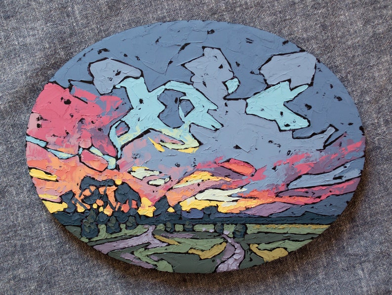 Textured Sunset Landscape Painting, Original Oval Painting, Oil Painting Driveway Sunset image 1