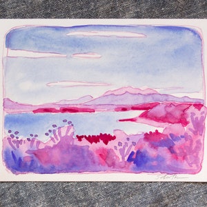 Aquarel landschapsschilderkunst, klein origineel schilderij Blue and Pink Blanca afbeelding 2