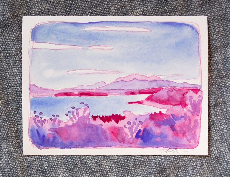 Watercolor Landscape Painting, Small Original Painting Blue and Pink Blanca image 2
