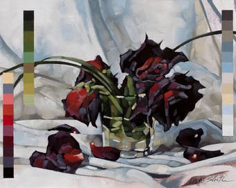 Flower Oil Painting Still Life, Original Art Painting of Wilted Red Roses, Memento Mori Painting, Fine Art - "Dead Reds in 31 Colors"