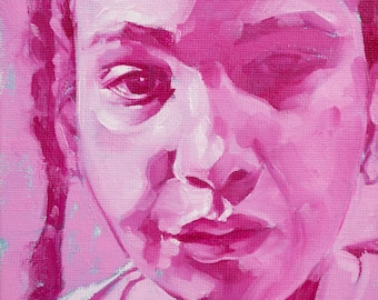 Magenta Pink Portrait Painting, Small Oil Painting - "Head 29/100"