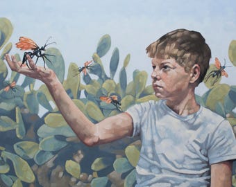 Print of Original Imaginative Realism Oil Painting, Southwestern Art Print of Boy with Tarantula Wasps and Cactus - "Mutual Innocence"