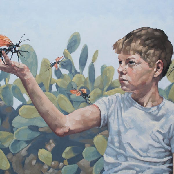 Print of Original Imaginative Realism Oil Painting, Southwestern Art Print of Boy with Tarantula Wasps and Cactus - "Mutual Innocence"