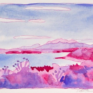 Watercolor Landscape Painting, Small Original Painting Blue and Pink Blanca image 1