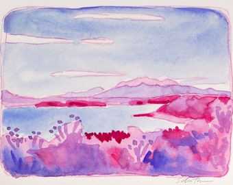 Watercolor Landscape Painting, Small Original Painting - "Blue and Pink Blanca"
