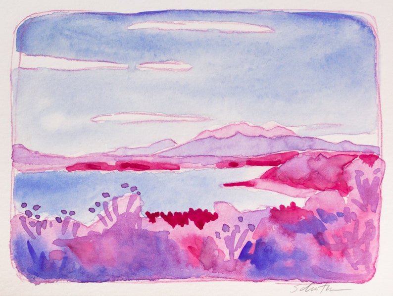 Watercolor Landscape Painting, Small Original Painting Blue and Pink Blanca image 1